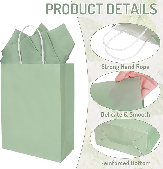 36 Pcs Sage Green Paper Gift Bags with Tissue Paper Gradient Green Party Favor Bags with Handle Goodie Candy Treat Bag for Mother's Day Wedding Birthday Baby Shower One Lucky Duck Patry