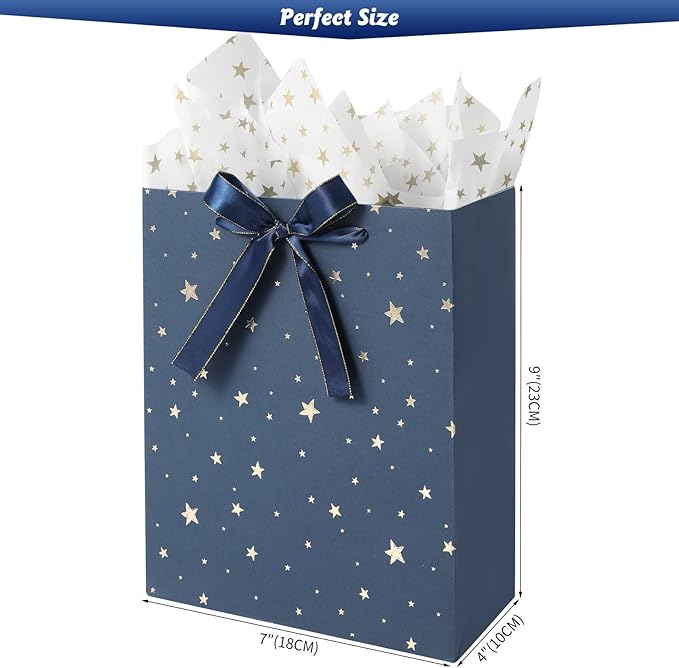 4 Pack 9" Medium Size Gift Bags Assorted Premium Blue Gift Bags with Tissue Paper Use for Birthdays, Baby Shower,weddings,Party Favor, Holiday Presents-7" X 4" X 9"