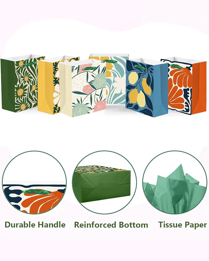 7.9"x4.3"x9.6" 6PCS Clash Flowers Paper Gift Bags with Tissue Paper Handles Medium Size Bags(18pcs Tissue Paper )