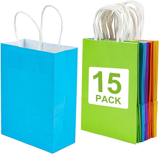 Gift Bags With Handles - 15 Pcs Gift Bag Bulk Paper Bag Goody Bags Kraft Paper Bags Party Favor Bags Rainbow Small Bag for Gifts Craft Goodie Birthday Shopping Small Business