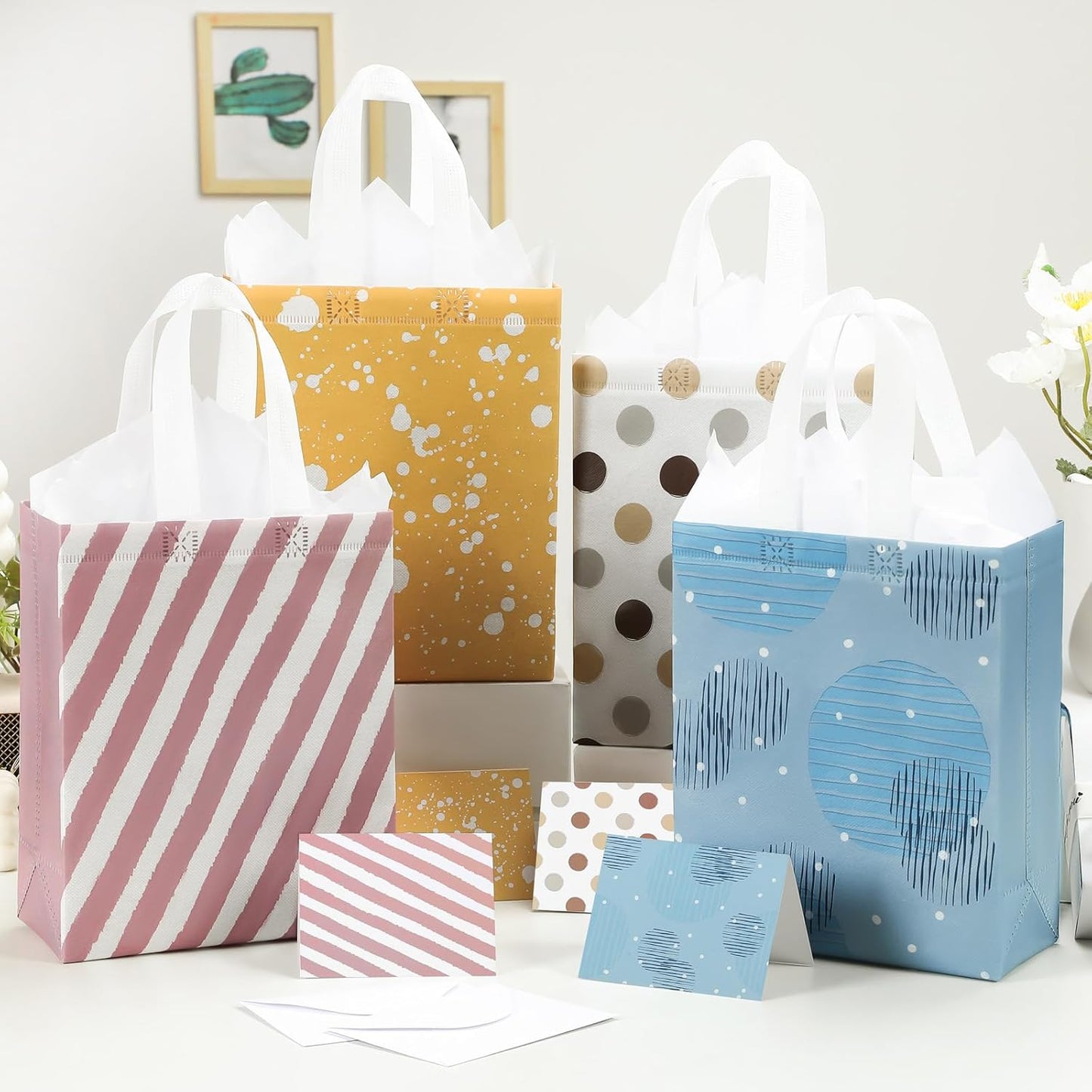 10" Gift Bags Medium Size (4 Pack) - Includes Tissue Paper & Cards, Reusable Non-Woven Gift Bags with handles, Perfect for Birthday, Wedding, Baby Shower, Party, Holiday, 10" x 8" x 4"