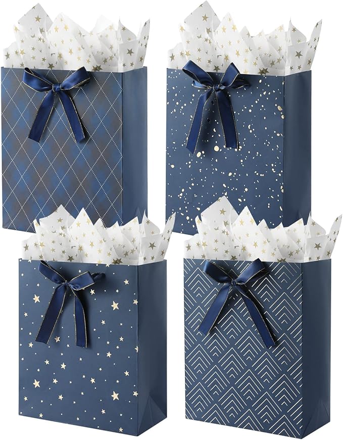 4 Pack 9" Medium Size Gift Bags Assorted Premium Blue Gift Bags with Tissue Paper Use for Birthdays, Baby Shower,weddings,Party Favor, Holiday Presents-7" X 4" X 9"