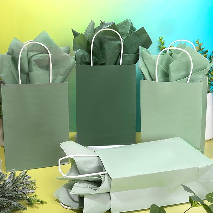 36 Pcs Sage Green Paper Gift Bags with Tissue Paper Gradient Green Party Favor Bags with Handle Goodie Candy Treat Bag for Mother's Day Wedding Birthday Baby Shower One Lucky Duck Patry