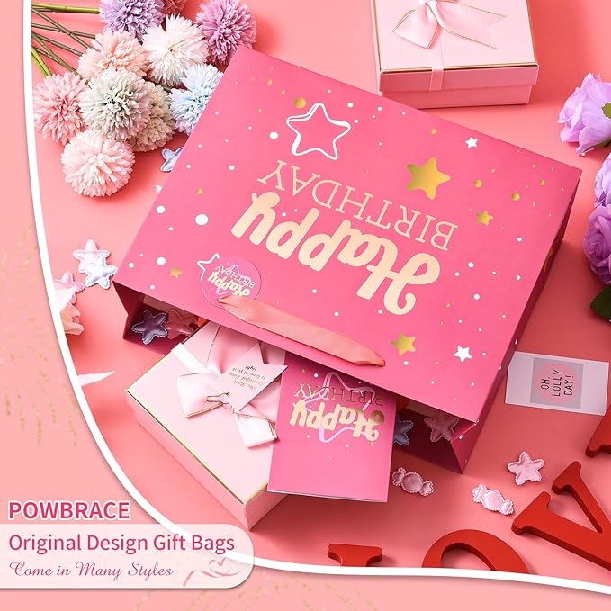 13" Pink Happy Birthday Gift Bag with Tissue Paper and Greeting Card for Party,Happy Birthday Gift Bag for Men Women,Gift Bags Medium size(1 PCS Pink Hot Stamping)