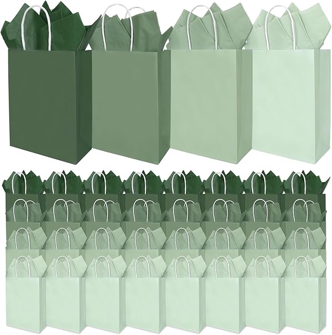 36 Pcs Sage Green Paper Gift Bags with Tissue Paper Gradient Green Party Favor Bags with Handle Goodie Candy Treat Bag for Mother's Day Wedding Birthday Baby Shower One Lucky Duck Patry