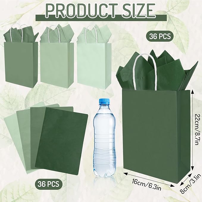 36 Pcs Sage Green Paper Gift Bags with Tissue Paper Gradient Green Party Favor Bags with Handle Goodie Candy Treat Bag for Mother's Day Wedding Birthday Baby Shower One Lucky Duck Patry