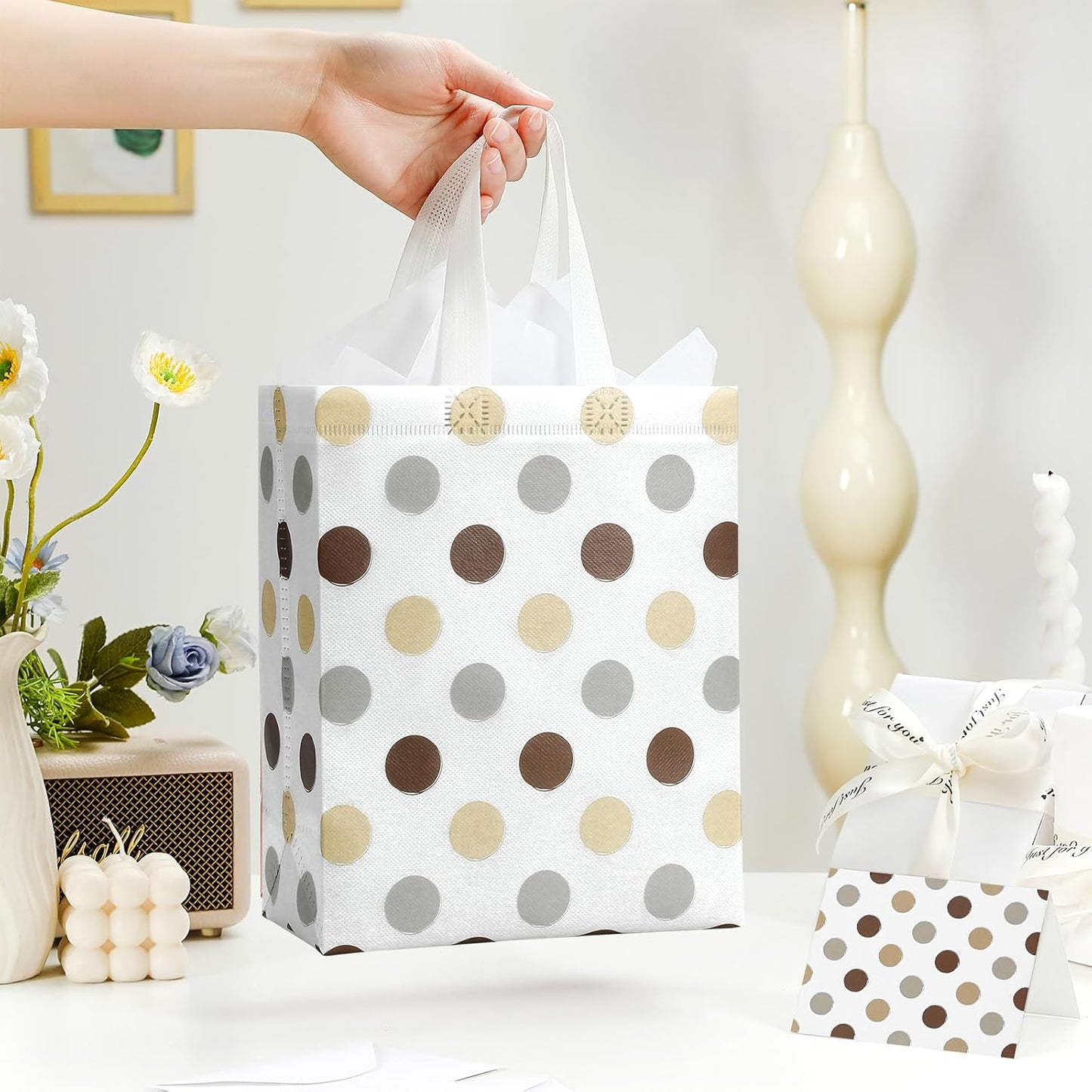 10" Gift Bags Medium Size (4 Pack) - Includes Tissue Paper & Cards, Reusable Non-Woven Gift Bags with handles, Perfect for Birthday, Wedding, Baby Shower, Party, Holiday, 10" x 8" x 4"