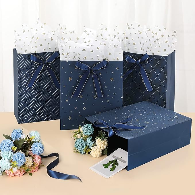 4 Pack 9" Medium Size Gift Bags Assorted Premium Blue Gift Bags with Tissue Paper Use for Birthdays, Baby Shower,weddings,Party Favor, Holiday Presents-7" X 4" X 9"
