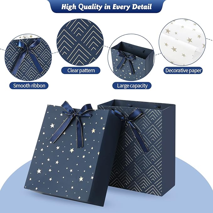 4 Pack 9" Medium Size Gift Bags Assorted Premium Blue Gift Bags with Tissue Paper Use for Birthdays, Baby Shower,weddings,Party Favor, Holiday Presents-7" X 4" X 9"
