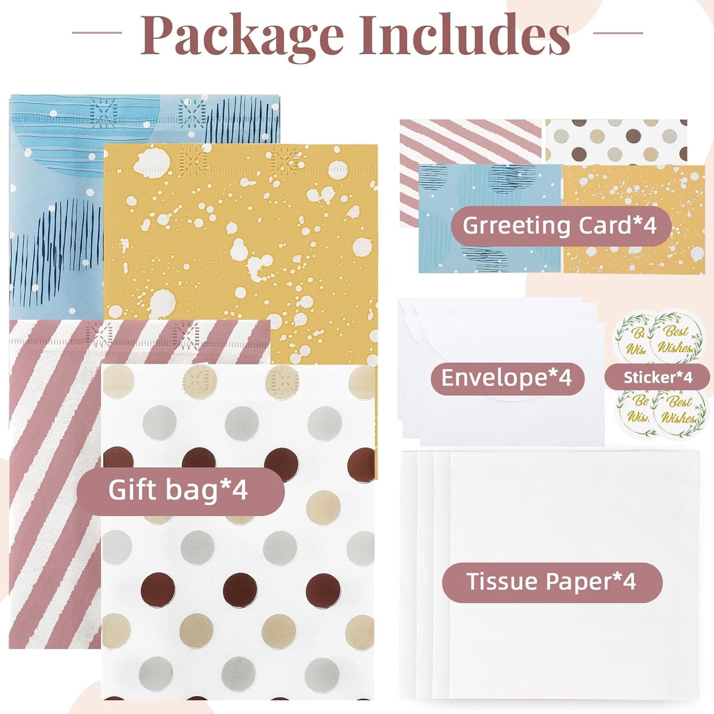 10" Gift Bags Medium Size (4 Pack) - Includes Tissue Paper & Cards, Reusable Non-Woven Gift Bags with handles, Perfect for Birthday, Wedding, Baby Shower, Party, Holiday, 10" x 8" x 4"