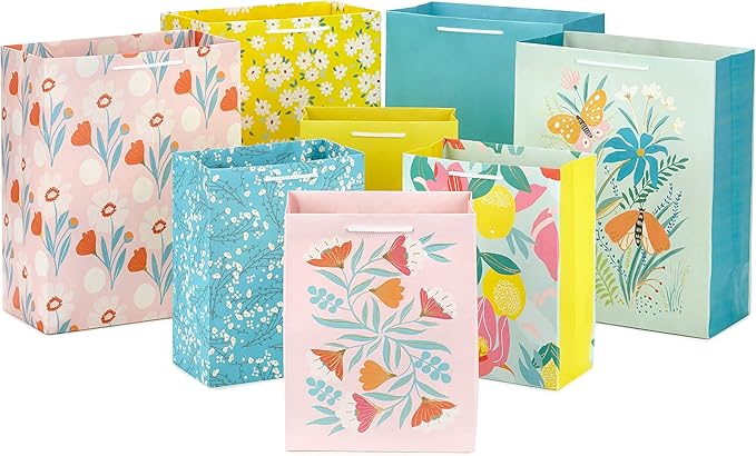 Spring Gift Bags in Assorted Sizes (8 Bags: 4 Medium 9", 4 Large 13") Florals, Lemons, Teal, Pink and Yellow for Easter, Birthdays, Mother's Day, Bridal Showers