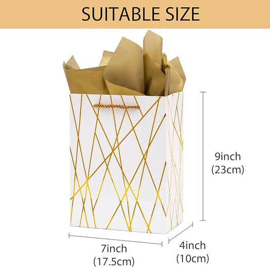 9 Gift Bags Medium Size with Tissue Paper, 4 Pack White Gold Wrap Paper Gift Bags with Handles for Shopping Parties Wedding Baby Shower Holiday Presents 4 Designs