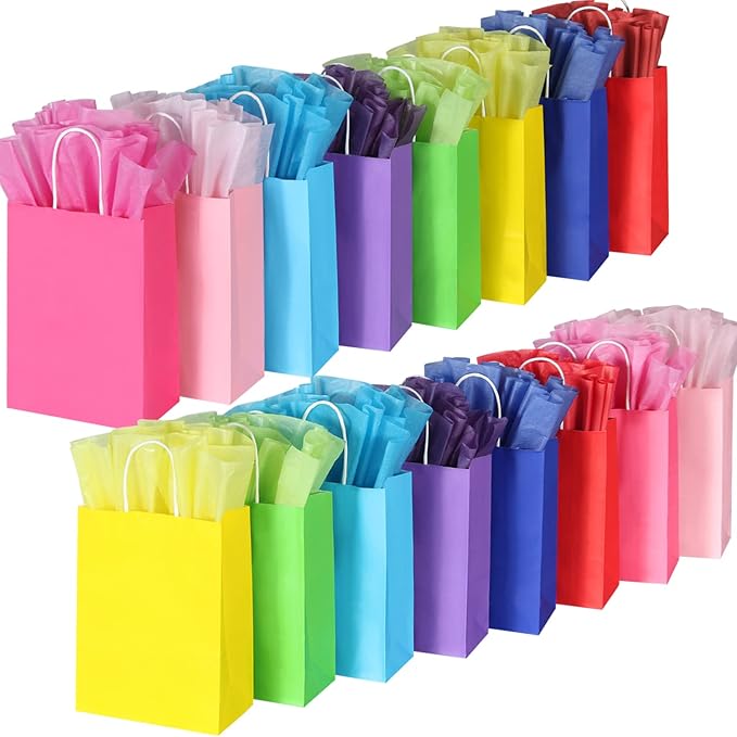 32 Pieces Gift Bags with 32 Tissues, 8 Colors Party Favor Bags with Handles, Rainbow Gift Bag for Wedding, Birthday, Party Supplies and Gifts
