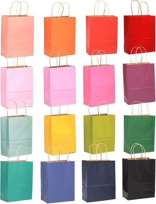 32-Packs Paper Bags with Handles Bulk 7.6"x4.75"x10.5" Medium Gift Bags 16 Different Senior Color Bags Multiple Uses（Medium Size）