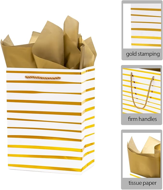 9 Gift Bags Medium Size with Tissue Paper, 4 Pack White Gold Wrap Paper Gift Bags with Handles for Shopping Parties Wedding Baby Shower Holiday Presents 4 Designs
