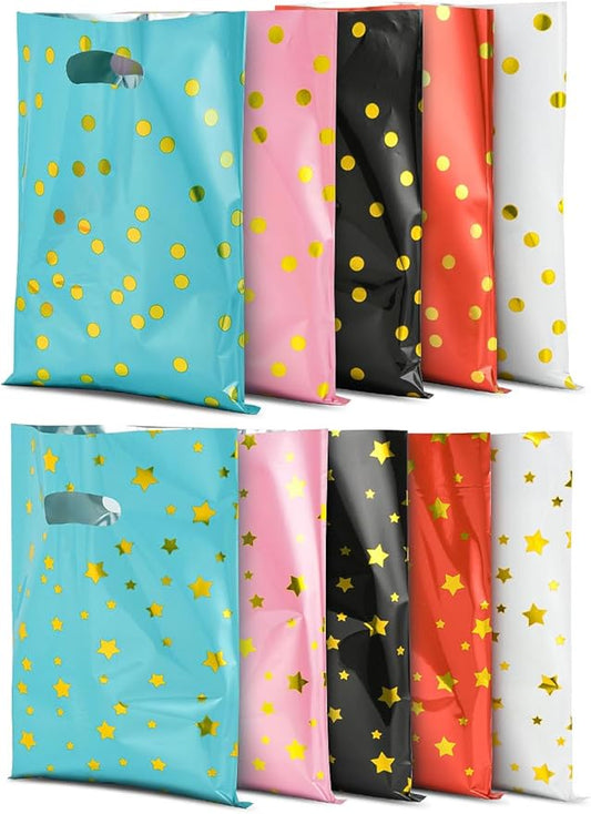 100Pack Party Favor Bag, (6.69 x 9.84 Inches) 5 Color, 2 Pattern Style Goodie Bags, Small Gift Bags, Bulk Goody Gift Bag for Kids Girls Boys Happy Birthday Party/Baby Shower/Wedding/Christmas/New Years Gift Bag