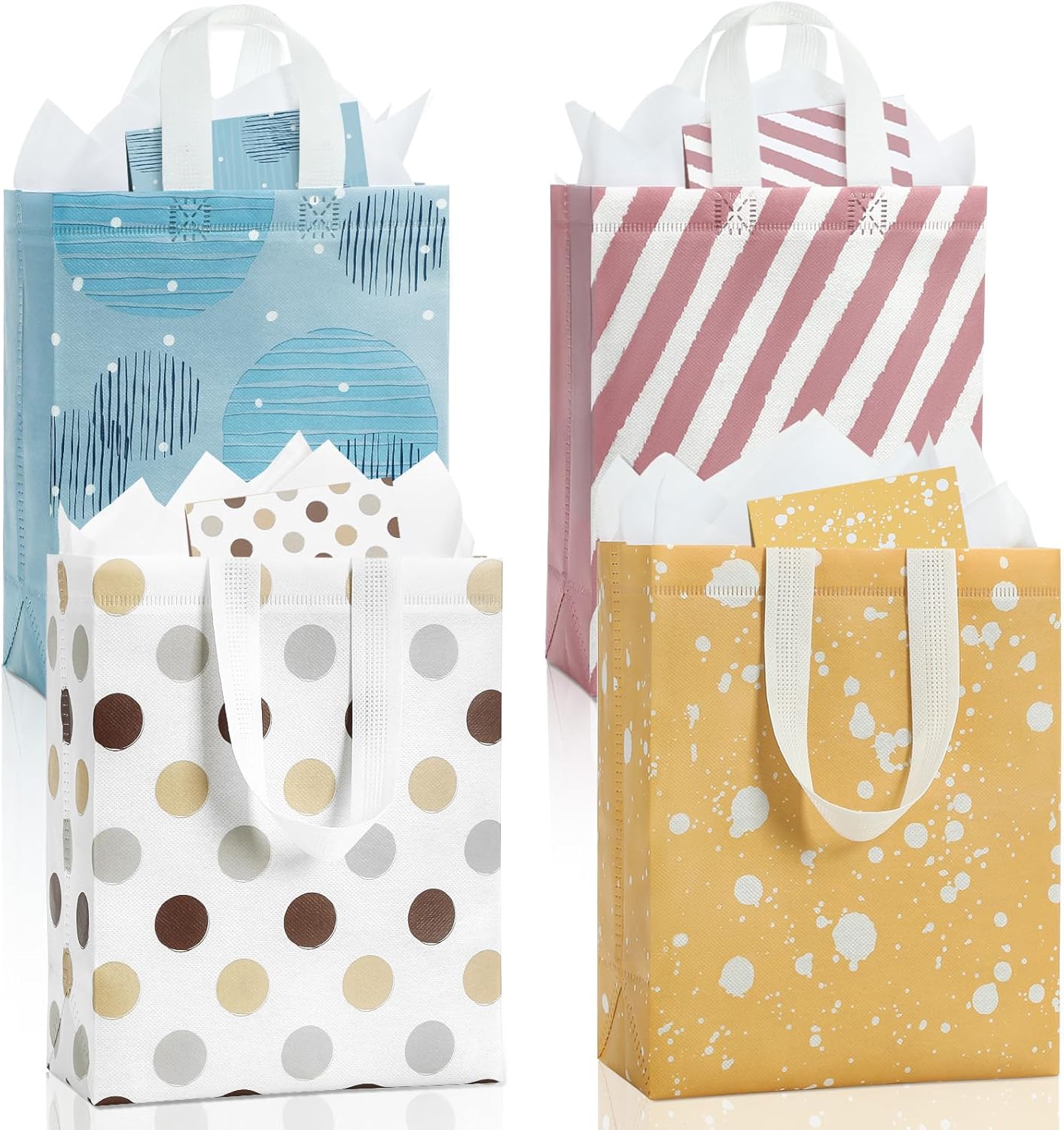 10" Gift Bags Medium Size (4 Pack) - Includes Tissue Paper & Cards, Reusable Non-Woven Gift Bags with handles, Perfect for Birthday, Wedding, Baby Shower, Party, Holiday, 10" x 8" x 4"