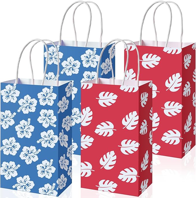12 Pcs Cute Cartoon Pink Blue Party Gift Bags Summer Hawaii Cartoon Paper Bags Birthday Gift Birthday Blue Pink Party Decorations Supplies Favors