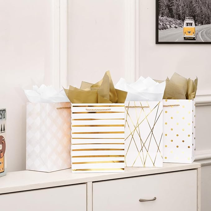 9 Gift Bags Medium Size with Tissue Paper, 4 Pack White Gold Wrap Paper Gift Bags with Handles for Shopping Parties Wedding Baby Shower Holiday Presents 4 Designs