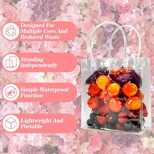 Clear PVC Gift Bags With Handles 10 PCS PVC Party Favor Bags Transparent Party Favour Plastic Gift Bags 5.9X6.3 Inches Clear Mini Tote Goodie Bag Bulk PVC Plastic Bags With Handles For Gifts