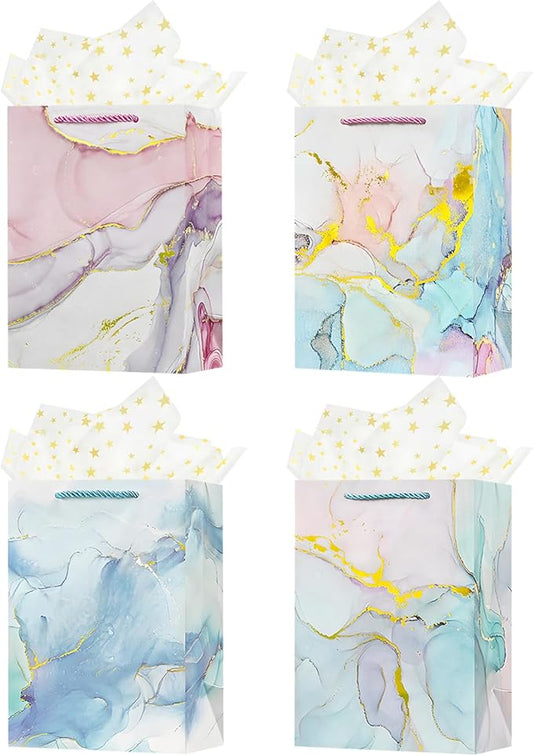 4 Pack 9" Small Size Gift Bags with Handles for Women Men Boy Girls Baby Kids Paper Gift Wrap Bags with Tissue Paper for Birthday, Party, Wedding, Bridal Shower, Anniversary