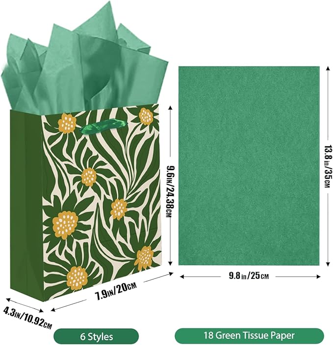 7.9"x4.3"x9.6" 6PCS Clash Flowers Paper Gift Bags with Tissue Paper Handles Medium Size Bags（18pcs Tissue Paper ）