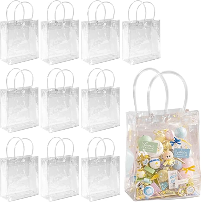 Clear PVC Gift Bags With Handles 10 PCS PVC Party Favor Bags Transparent Party Favour Plastic Gift Bags 5.9X6.3 Inches Clear Mini Tote Goodie Bag Bulk PVC Plastic Bags With Handles For Gifts