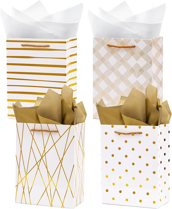 9 Gift Bags Medium Size with Tissue Paper, 4 Pack White Gold Wrap Paper Gift Bags with Handles for Shopping Parties Wedding Baby Shower Holiday Presents 4 Designs