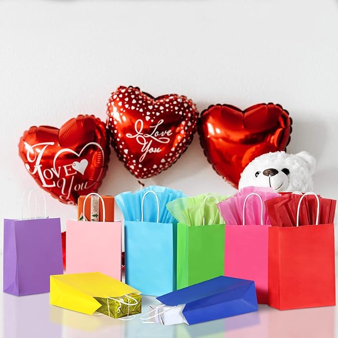 32 Pieces Gift Bags with 32 Tissues, 8 Colors Party Favor Bags with Handles, Rainbow Gift Bag for Wedding, Birthday, Party Supplies and Gifts