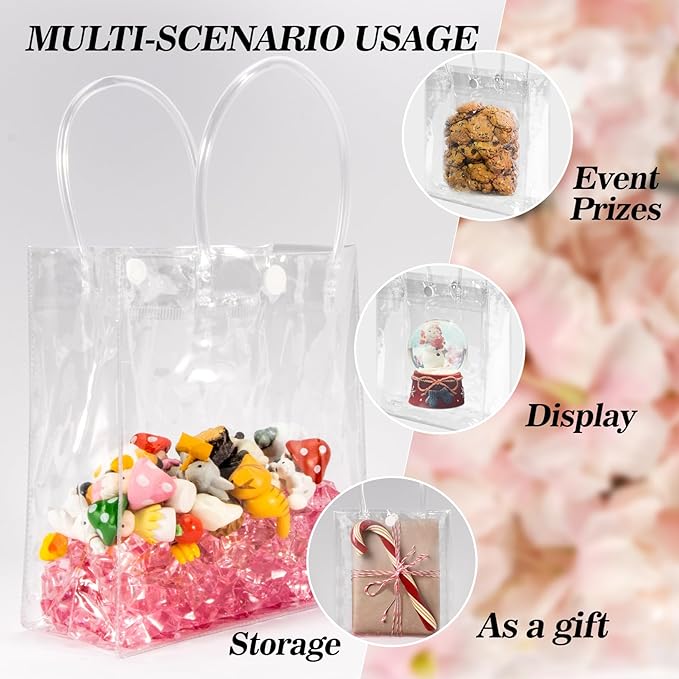 Clear PVC Gift Bags With Handles 10 PCS PVC Party Favor Bags Transparent Party Favour Plastic Gift Bags 5.9X6.3 Inches Clear Mini Tote Goodie Bag Bulk PVC Plastic Bags With Handles For Gifts