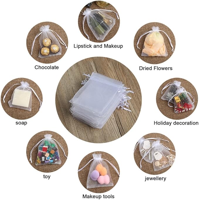 100PCS Premium Sheer Organza Bags, White Wedding Favor Bags, 4x4.72 Jewelry Gift Bags for Party, Jewelry, Christmas, Festival, Bathroom Soaps, Makeup Organza, Wrapping Supplie