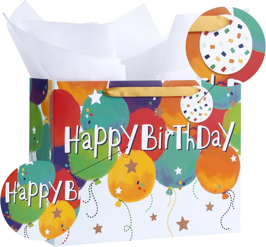 Colorful Birthday Gift Bag, Balloons Pattern with HAPPY BIRTHDAY Text, Matching Tissue Paper, Greeting Card and Tag, Ideal for Kids' Birthday Gifts, 13" x 5" x 10", 1 Pcs