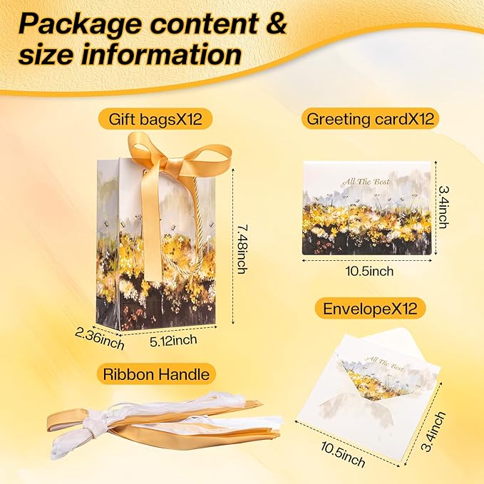 7.48"x5.12"x2.36"inch- 12PCS small Gift Bags with Handles, Ribbon, Greeting Cards & Envelopes - tissue Paper Gift Bags for Birthday, Wedding, Mother's Day, Baby Shower Party Supplies