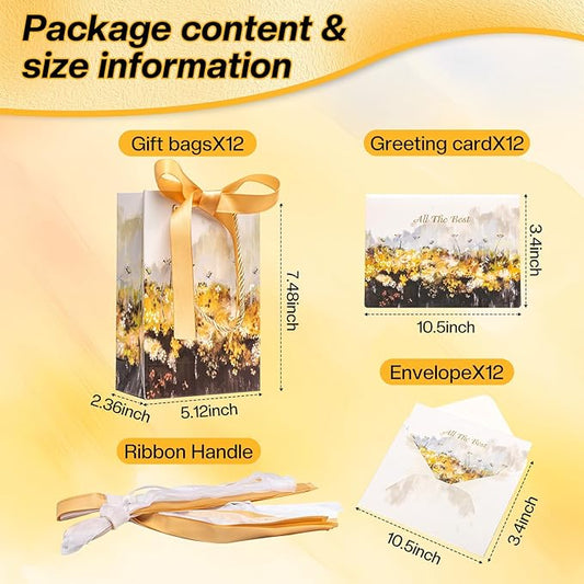 7.48"x5.12"x2.36"inch- 12PCS small Gift Bags with Handles, Ribbon, Greeting Cards & Envelopes - tissue Paper Gift Bags for Birthday, Wedding, Mother's Day, Baby Shower Party Supplies