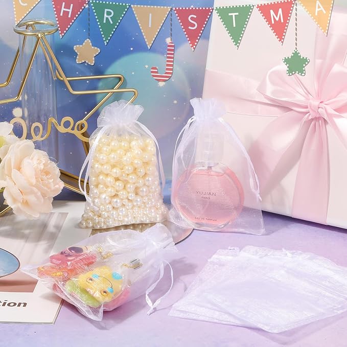 100PCS Premium Sheer Organza Bags, White Wedding Favor Bags, 4x4.72 Jewelry Gift Bags for Party, Jewelry, Christmas, Festival, Bathroom Soaps, Makeup Organza, Wrapping Supplie
