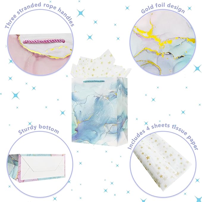 4 Pack 9" Small Size Gift Bags with Handles for Women Men Boy Girls Baby Kids Paper Gift Wrap Bags with Tissue Paper for Birthday, Party, Wedding, Bridal Shower, Anniversary