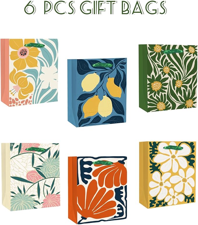 7.9"x4.3"x9.6" 6PCS Clash Flowers Paper Gift Bags with Tissue Paper Handles Medium Size Bags（18pcs Tissue Paper ）