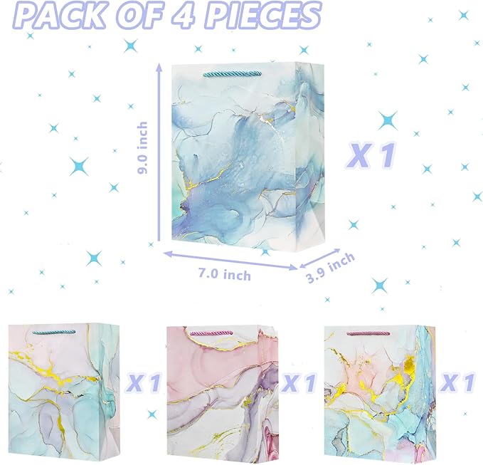 4 Pack 9" Small Size Gift Bags with Handles for Women Men Boy Girls Baby Kids Paper Gift Wrap Bags with Tissue Paper for Birthday, Party, Wedding, Bridal Shower, Anniversary