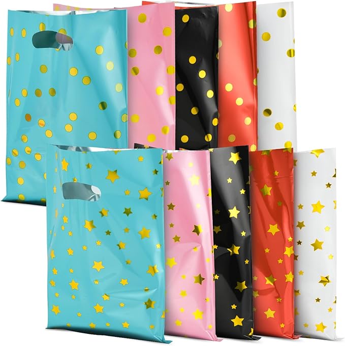 100Pack Party Favor Bag, (6.69 x 9.84 Inches) 5 Color, 2 Pattern Style Goodie Bags, Small Gift Bags, Bulk Goody Gift Bag for Kids Girls Boys Happy Birthday Party/Baby Shower/Wedding/Christmas/New Years Gift Bag