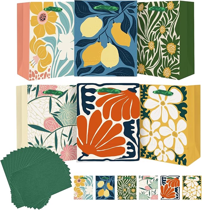 7.9"x4.3"x9.6" 6PCS Clash Flowers Paper Gift Bags with Tissue Paper Handles Medium Size Bags（18pcs Tissue Paper ）