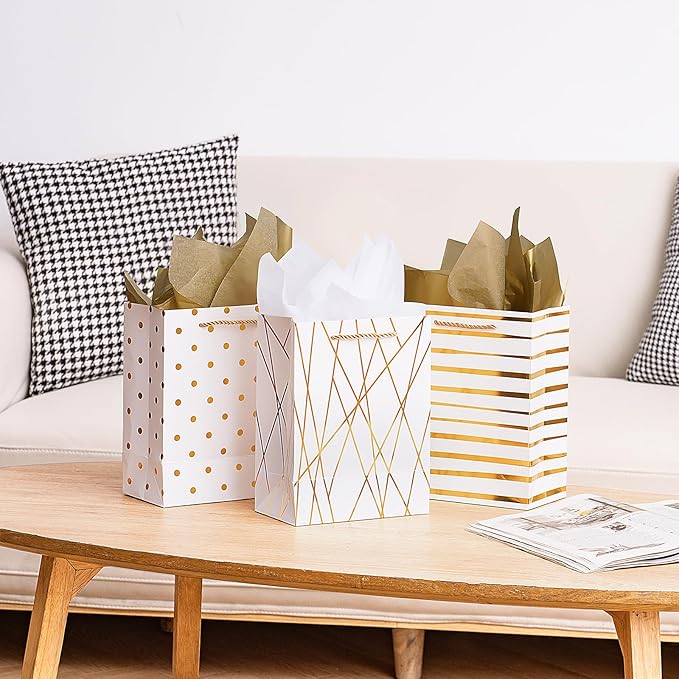 9 Gift Bags Medium Size with Tissue Paper, 4 Pack White Gold Wrap Paper Gift Bags with Handles for Shopping Parties Wedding Baby Shower Holiday Presents 4 Designs