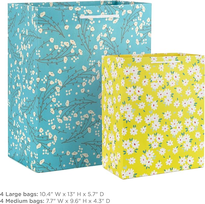 Spring Gift Bags in Assorted Sizes (8 Bags: 4 Medium 9", 4 Large 13") Florals, Lemons, Teal, Pink and Yellow for Easter, Birthdays, Mother's Day, Bridal Showers